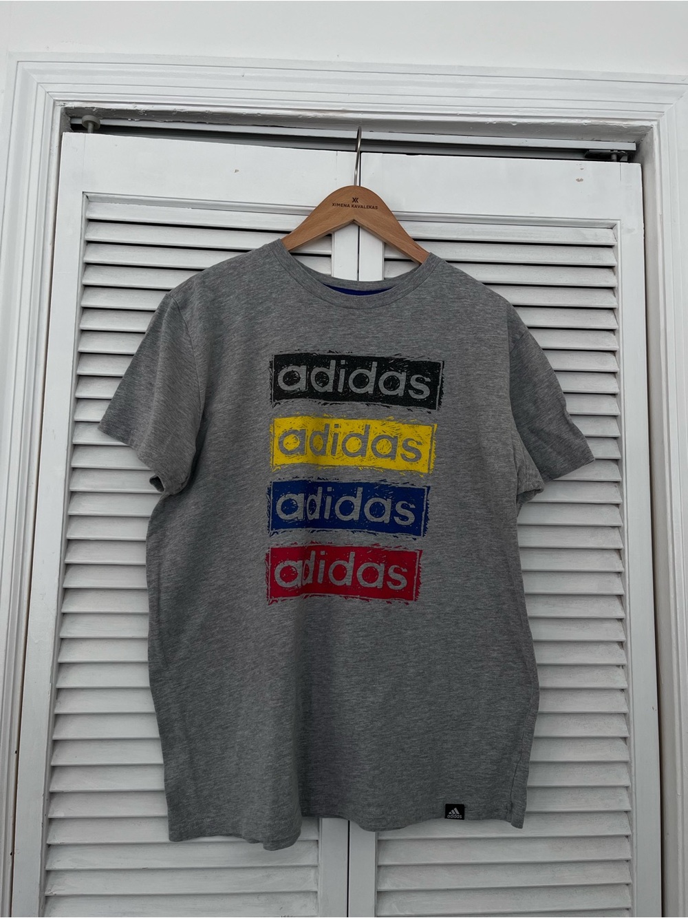 adidas Men's Gray Short Sleeve Tee with Multicolor Logo Blocks